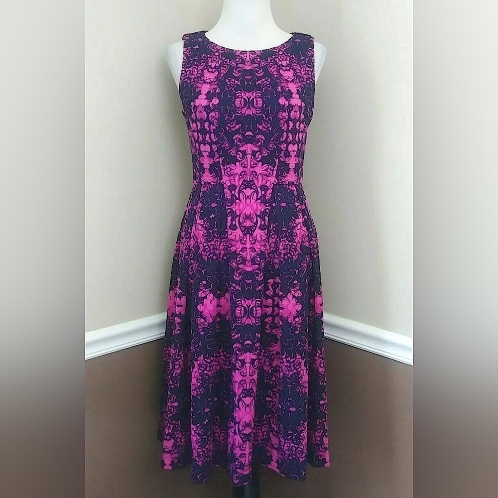 Donna Morgan Pleated A-Line Modcloth Midi Dress Fuchsia Black & Navy Blue 4 NEW